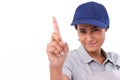 Confident female worker showing one finger gesture