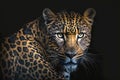 Confident gaze of eyes of a powerful leopard from the dark. Animal on black background. Generative AI Royalty Free Stock Photo