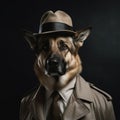 Confident German Shepherd Detective on Grey Background AI Generated