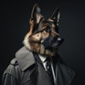 Confident German Shepherd Detective on Grey Background AI Generated