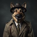 Confident German Shepherd Detective on Grey Background AI Generated