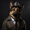 Confident German Shepherd Detective on Grey Background AI Generated