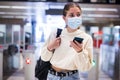 Confident girl in a protective mask entered the subway, passing through the turnstile Royalty Free Stock Photo