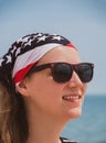 Confident girl in sunglasses american flag bandana. USA Independence Day patriotism concept, Memorial Day national pride