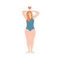 Confident girl in swimsuit smiling love yourself vector flat illustration. Cartoon bodypositive woman enjoying body care Royalty Free Stock Photo