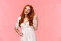 Confident good-looking redhead optimistic girl, saying everything be alright, all good, showing thumb-up and smiling