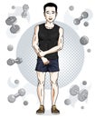 Confident handsome brunet young man is standing on simple background with dumbbells and barbells. Vector illustration