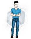 Confident handsome brunet young man standing. Vector illustration of male wearing casual clothes, jeans pants and T-shirt.