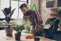 Confident handsome florist with red beard atomizing plants with water