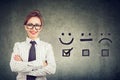 Confident happy business woman received excellent rating for a satisfaction survey