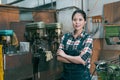 Confident happy lathe factory woman employee Royalty Free Stock Photo