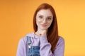 Confident happy relaxed european redhead skillful young female entrepreneur glasses establish startup smiling delighted