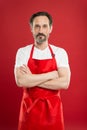 Confident in his culinary craft. Cook with beard and mustache wearing apron red background. Man mature cook posing