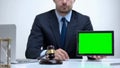 Confident lawyer holding tablet with green screen, attorney service online Royalty Free Stock Photo