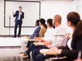 Confident lecturer speaking to businesspeople at seminar