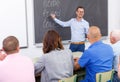 Confident lecturer talking to mixed age students