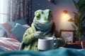 Confident looking chameleon holding a cup of tea with a bedroom on background
