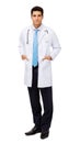 Confident Male Doctor Standing Against White Background