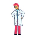 Confident male scientist in lab coat, glasses, hands in pockets. Smiling cartoon researcher, professional, scientist