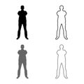 Confident man crossed his arms Business man silhouette concept front view icon set grey black color illustration outline flat