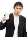 Confident man showing blank medication container