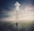 Confident Man Standing In Front Of Ladder Going Up To The Sky Reaching An Arrow Shaped Cloud. Stairway To Heaven Concept. Business