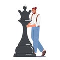 Confident Man Wearing Jeans on Suspenders Move Black Chess Queen Piece, Business Success Isolated on White Background