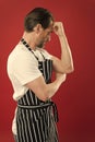 Confident mature handsome man in apron red background. He might be baker gardener chef or cleaner. Good in everything Royalty Free Stock Photo