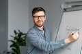 Confident mature male teacher giving online class, explaining new material, writing English rules on blackboard