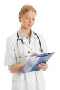 Confident medical doctor woman taking notes