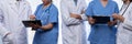 Confident medical staff team in panoramic banner. Neoteric