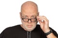 Confident Middle-Aged Caucasian Man with Dark Eyeglasses on White Background Royalty Free Stock Photo