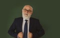 Confident middle-aged male teacher or professor standing in front of a blank chalk board. Funny professor or scientist Royalty Free Stock Photo