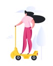 Woman riding electric scooter on street. Flat vector illustration