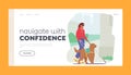 Confident Navigation Landing Page Template. Blind Female Character With A Guide Dog Walks Confidently Down The Street