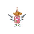 Confident pink bottle wine Cowboy cartoon character holding guns