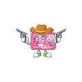 Confident pink love coupon Cowboy cartoon character holding guns