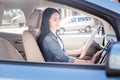 Confident pleasant woman sitting and setting up control panel.