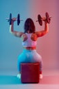 Dual toning blue red of young woman plus size doing fitness Royalty Free Stock Photo