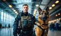 Confident police officer in uniform with a trained German Shepherd dog patrolling a busy airport terminal, ensuring public safety Royalty Free Stock Photo