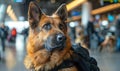 Confident police officer in uniform with a trained German Shepherd dog patrolling a busy airport terminal, ensuring public safety Royalty Free Stock Photo