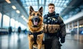 Confident police officer in uniform with a trained German Shepherd dog patrolling a busy airport terminal, ensuring public safety Royalty Free Stock Photo