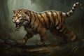 A confident sabertoothed tiger its tail held high as it strides confidently forward.. AI generation