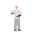 Confident senior chef in uniform cooking meat on frying pan standing isolated on white background