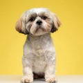 Confident Shih Tzu puppy looking forward and sitting