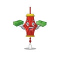 Confident smiley chinese paper lanterns character with money bag