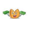 Confident smiley fortune cookie character with money bag Royalty Free Stock Photo