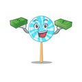 Confident smiley lollipop character with money bag