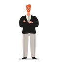 Confident smiling businessman is standing with crossed arms. Office worker or entrepreneur character design isolated on