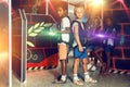 Preteen boys posing with laser guns Royalty Free Stock Photo